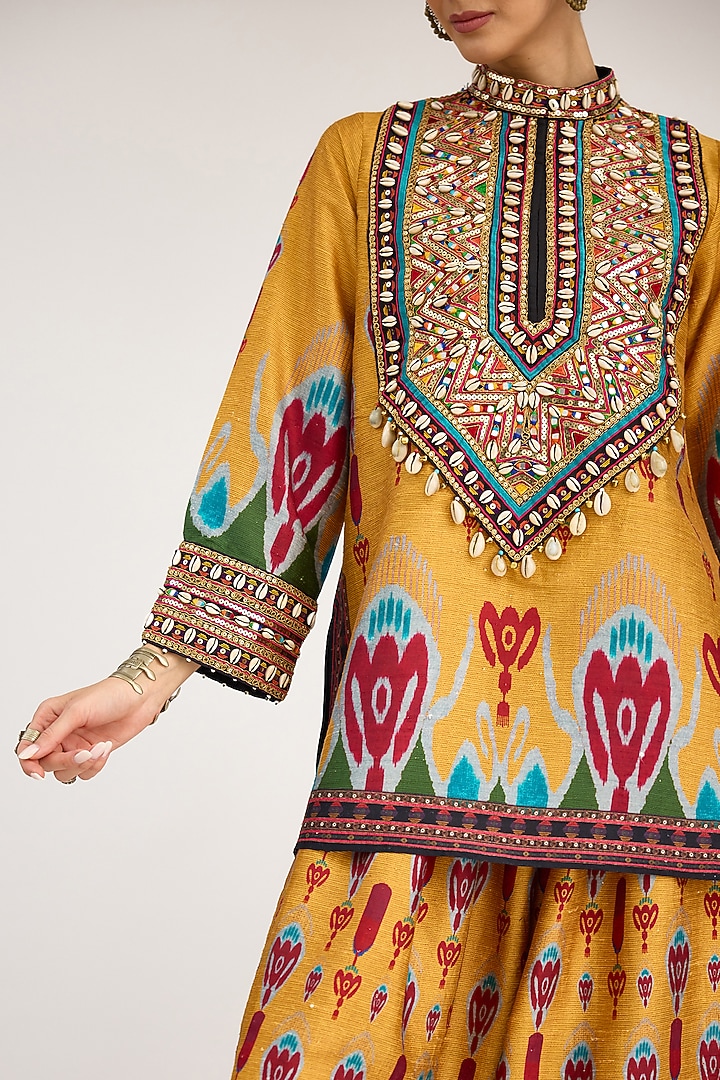 Mustard Silk Dupion Print & Embroidered Tunic by Rajdeep Ranawat at Pernia's Pop Up Shop