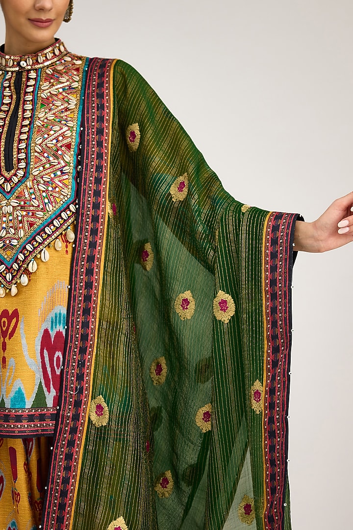 Emerald Green Organza Printed Banarasi Dupatta by Rajdeep Ranawat at Pernia's Pop Up Shop