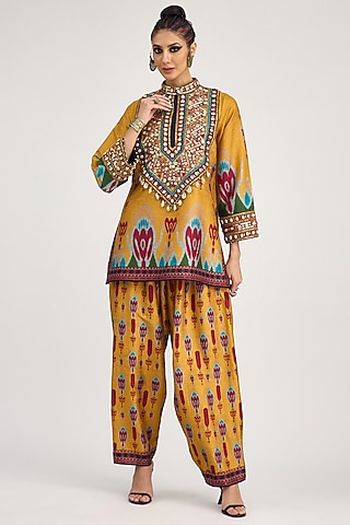 Mustard Silk Dupion Printed Salwar Pants by Rajdeep Ranawat