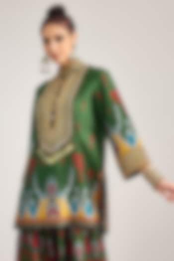 Emerald Green Silk Dupion Print & Embroidered Tunic by Rajdeep Ranawat at Pernia's Pop Up Shop