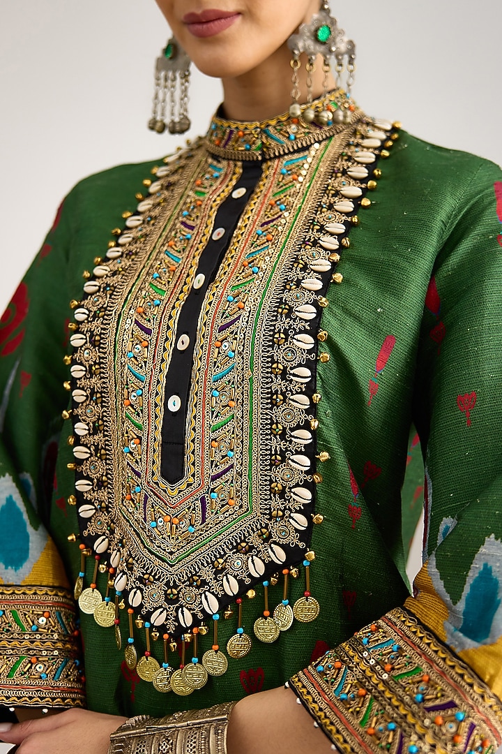 Emerald Green Silk Dupion Print & Embroidered Tunic by Rajdeep Ranawat at Pernia's Pop Up Shop