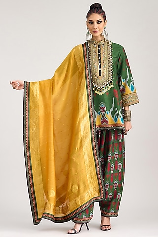 Mustard Organza Printed Banarasi Dupatta by Rajdeep Ranawat