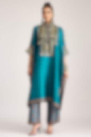 Turquoise Silk Dupion Print & Embroidered Boxy Kaftan by Rajdeep Ranawat at Pernia's Pop Up Shop