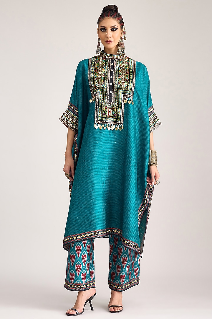 Turquoise Silk Dupion Print & Embroidered Boxy Kaftan by Rajdeep Ranawat at Pernia's Pop Up Shop