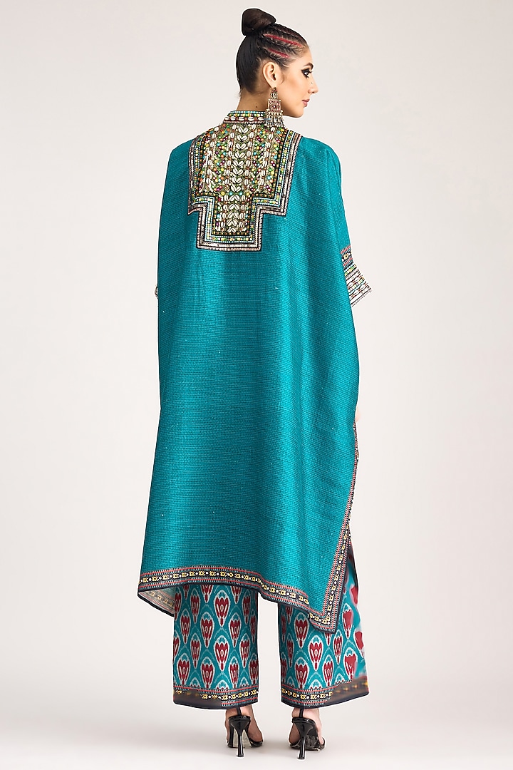 Turquoise Silk Dupion Print & Embroidered Boxy Kaftan by Rajdeep Ranawat at Pernia's Pop Up Shop