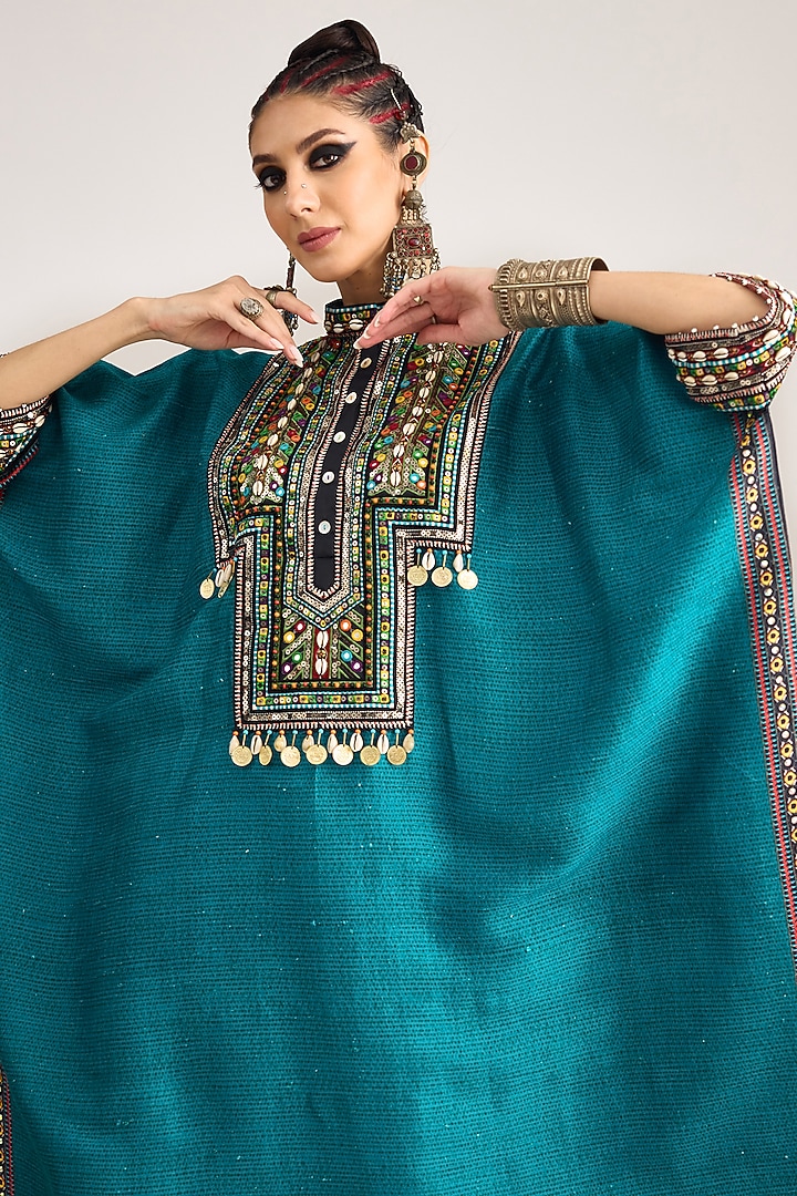 Turquoise Silk Dupion Print & Embroidered Boxy Kaftan by Rajdeep Ranawat at Pernia's Pop Up Shop