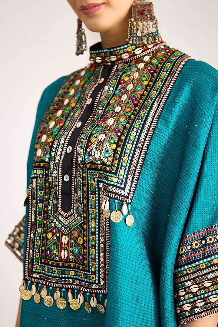 Turquoise Silk Dupion Print & Embroidered Boxy Kaftan by Rajdeep Ranawat at Pernia's Pop Up Shop