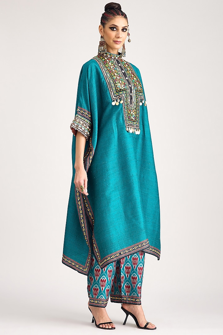Turquoise Silk Dupion Print & Embroidered Boxy Kaftan by Rajdeep Ranawat at Pernia's Pop Up Shop