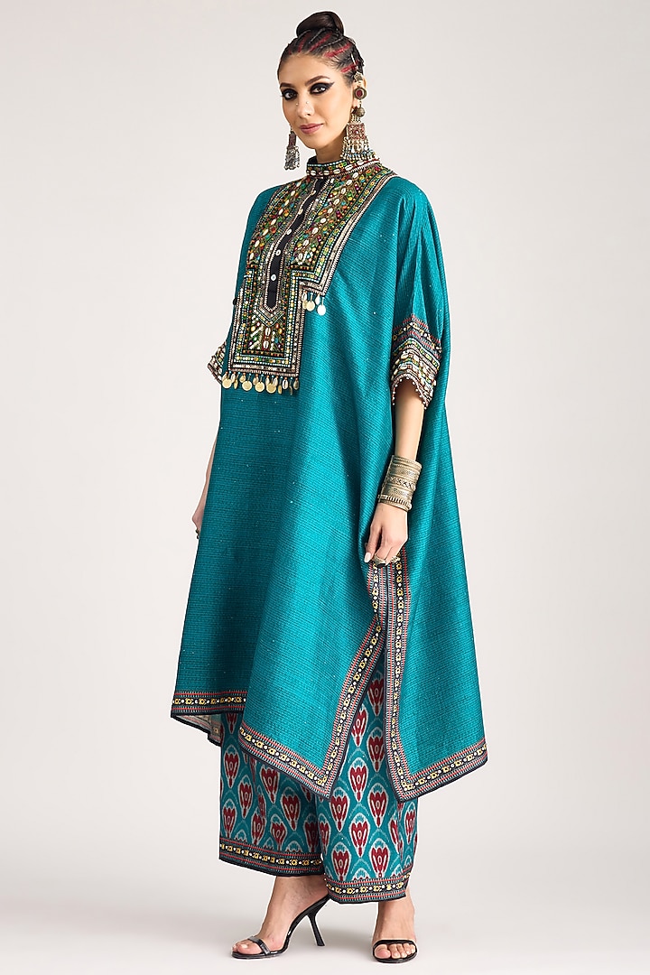 Turquoise Silk Dupion Print & Embroidered Boxy Kaftan by Rajdeep Ranawat at Pernia's Pop Up Shop