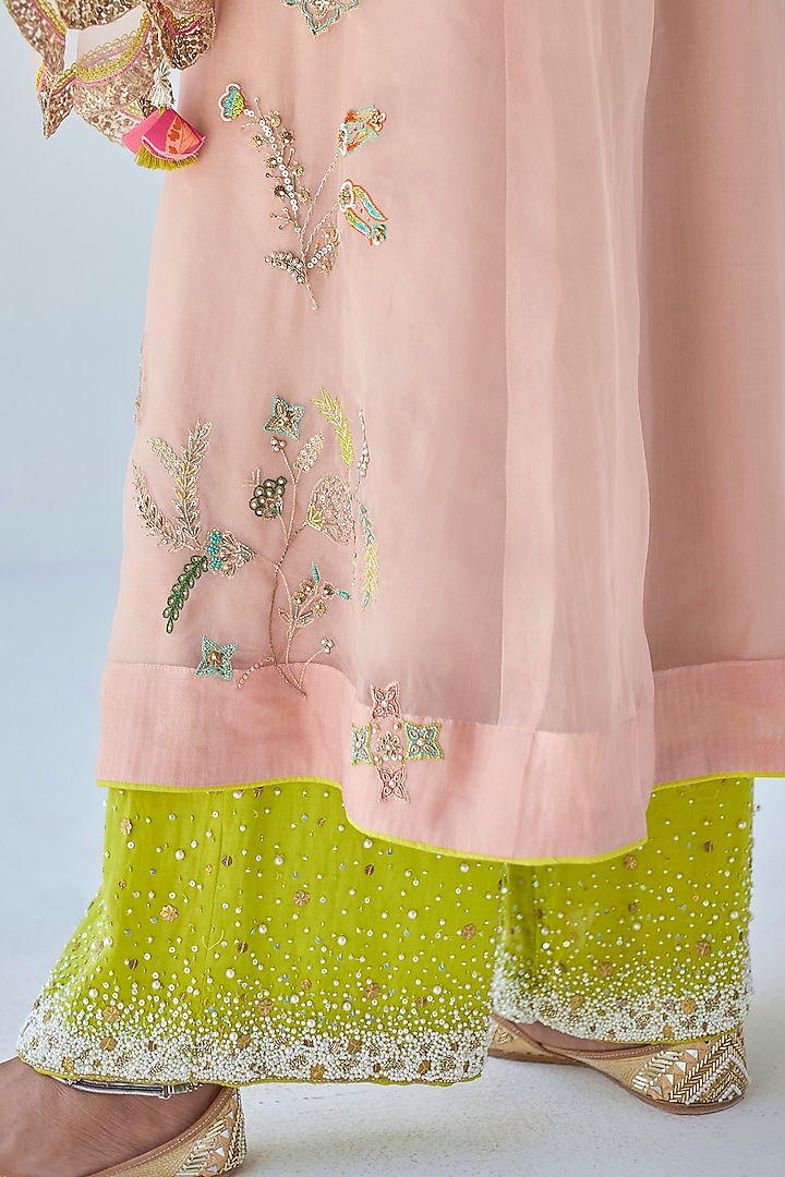 Nude Pink Satin Hand Embroidered Kurta Set by Raji ramniq at Pernia's Pop Up Shop