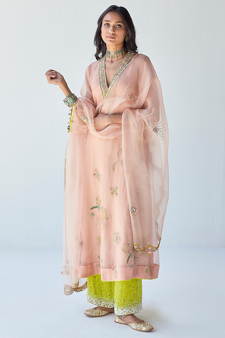 Nude Pink Satin Hand Embroidered Kurta Set by Raji ramniq at Pernia's Pop Up Shop