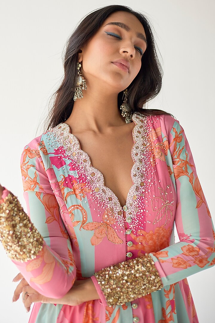 Hot Pink Crepe Printed & Hand Embroidered Wedding Anarkali Set by Raji ramniq at Pernia's Pop Up Shop