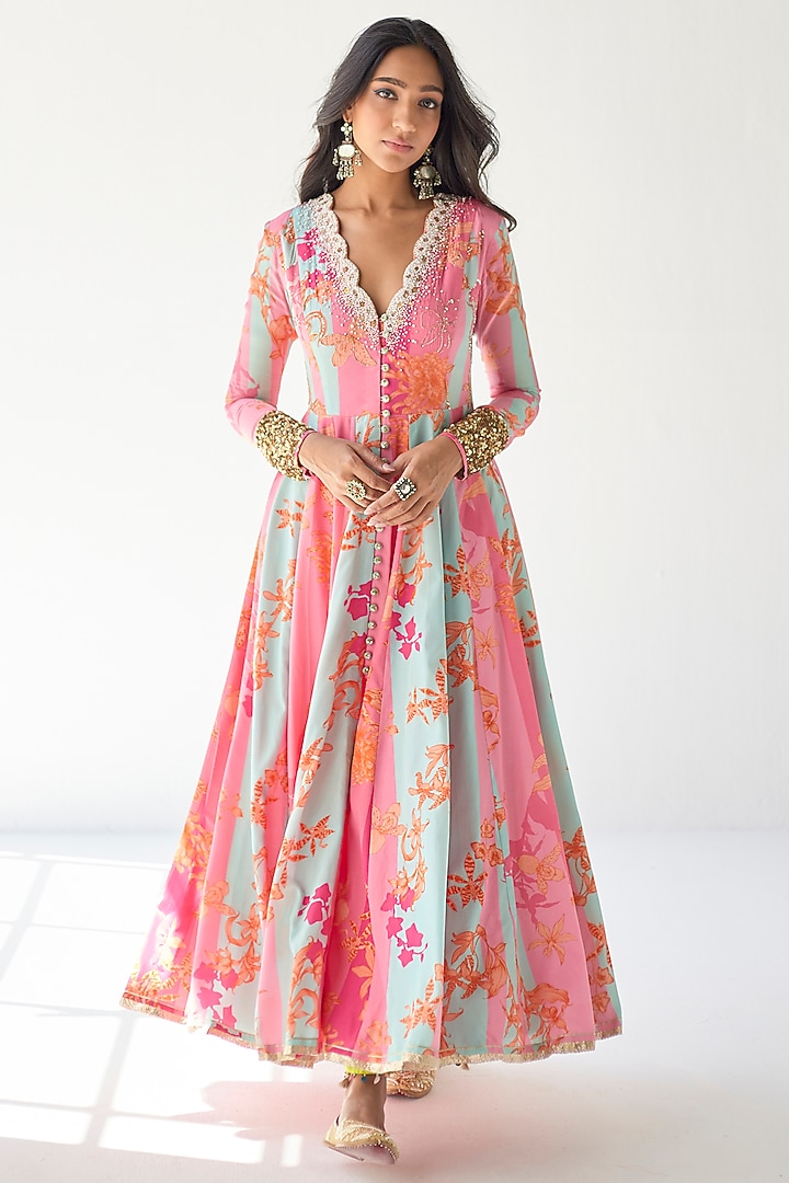 Hot Pink Crepe Printed & Hand Embroidered Wedding Anarkali Set by Raji ramniq at Pernia's Pop Up Shop
