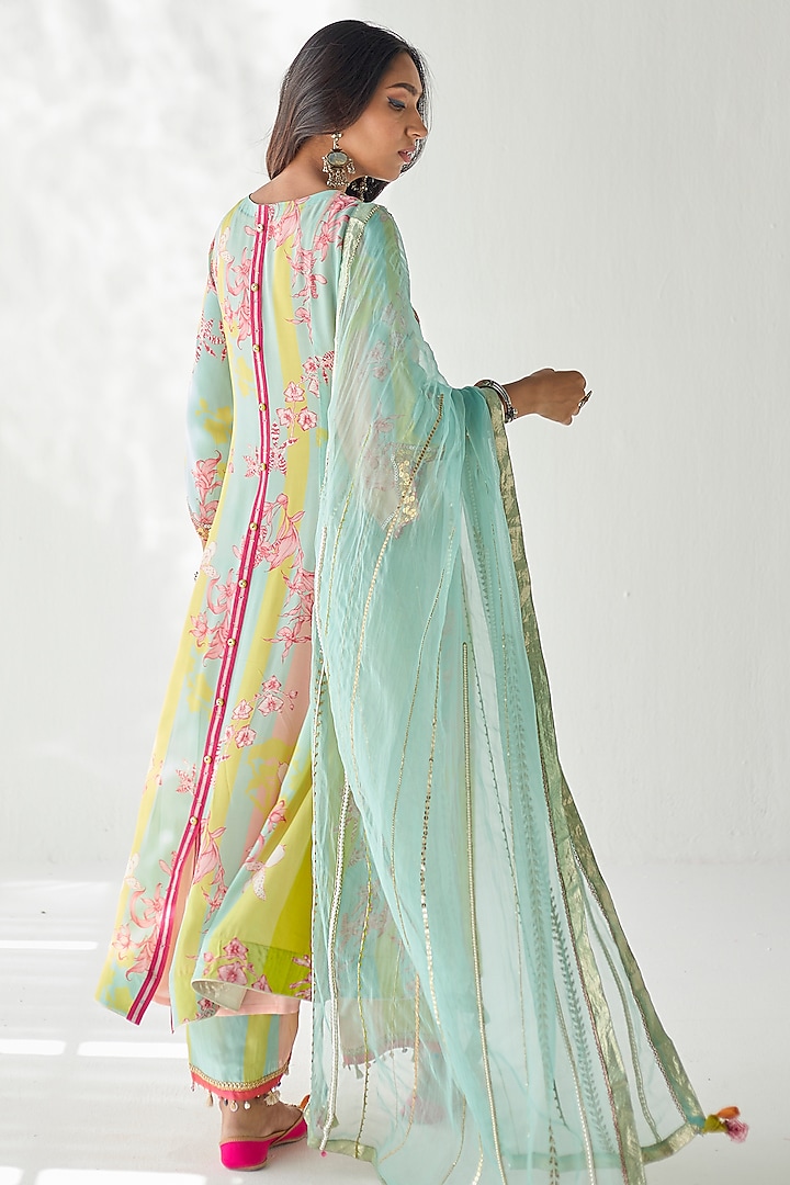 Lime Yellow Crepe Printed & Hand Embroidered Kurta Set by Raji ramniq at Pernia's Pop Up Shop