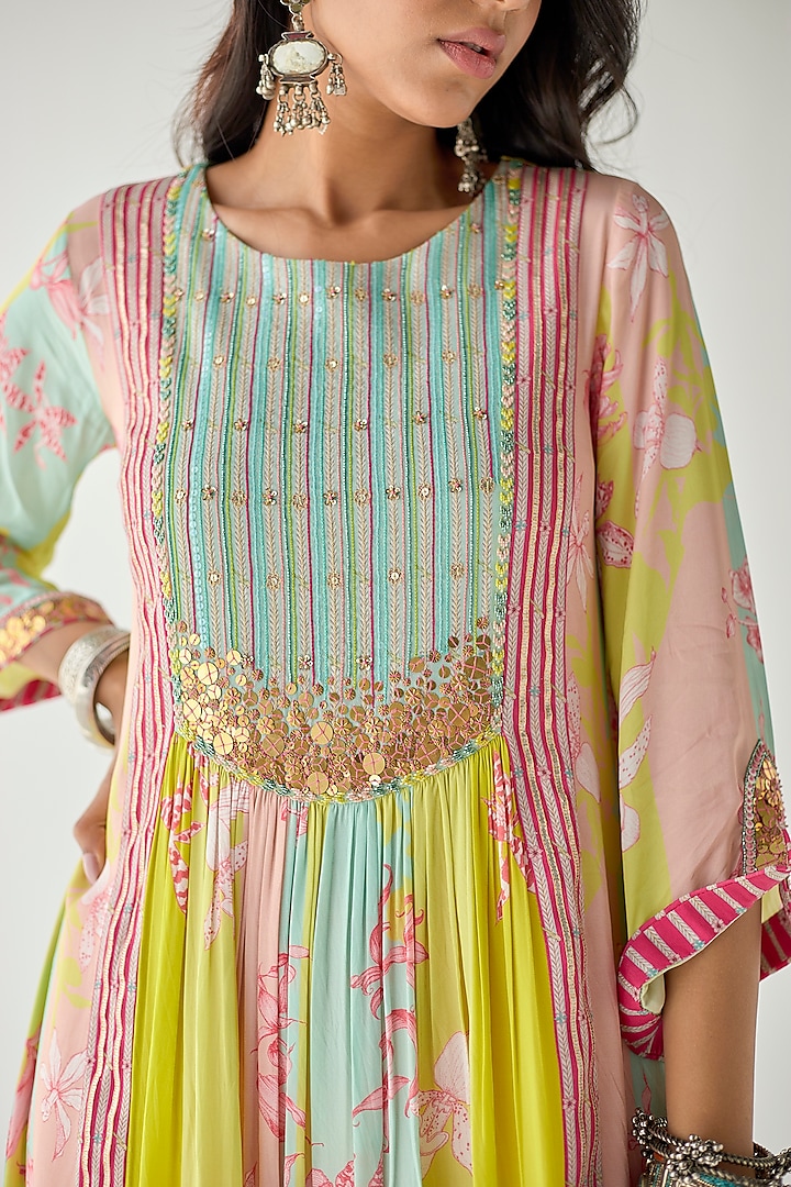 Lime Yellow Crepe Printed & Hand Embroidered Kurta Set by Raji ramniq at Pernia's Pop Up Shop