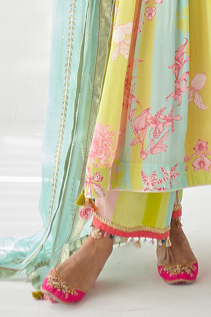 Lime Yellow Crepe Printed & Hand Embroidered Kurta Set by Raji ramniq at Pernia's Pop Up Shop