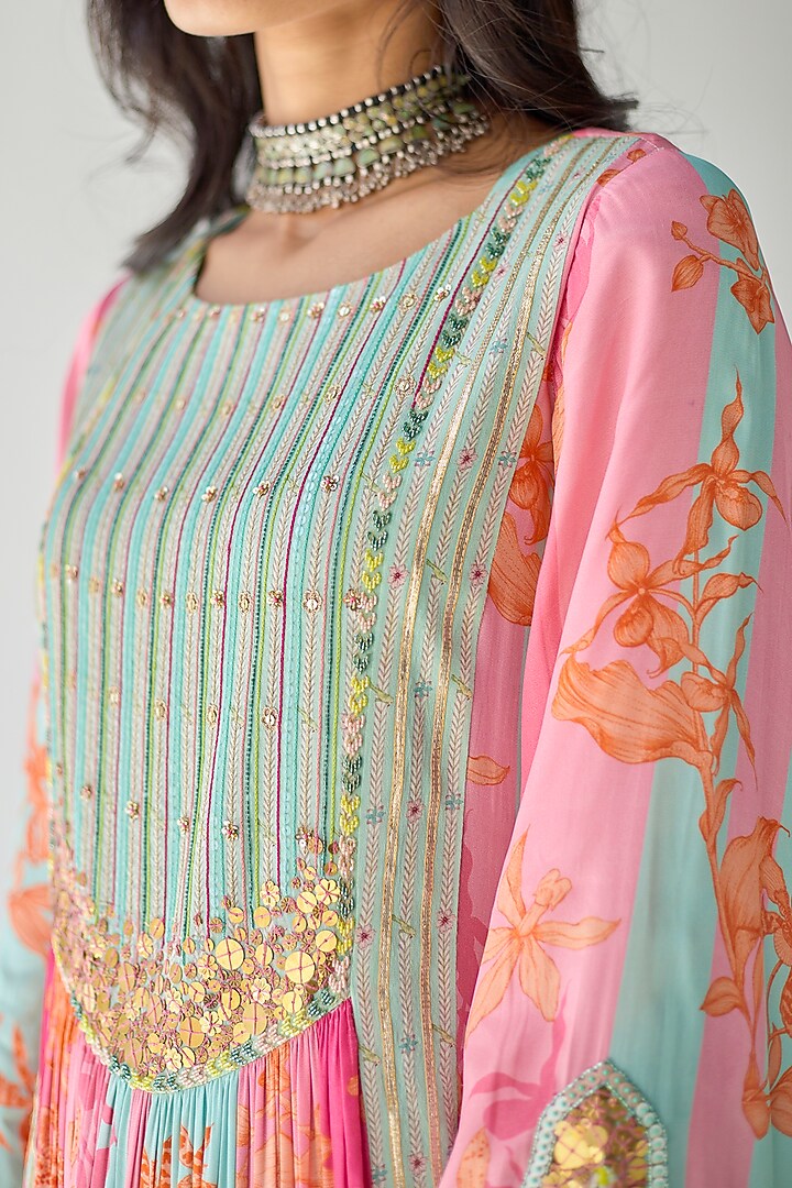 Hot Pink Crepe Printed & Hand Embroidered Kurta Set by Raji ramniq at Pernia's Pop Up Shop