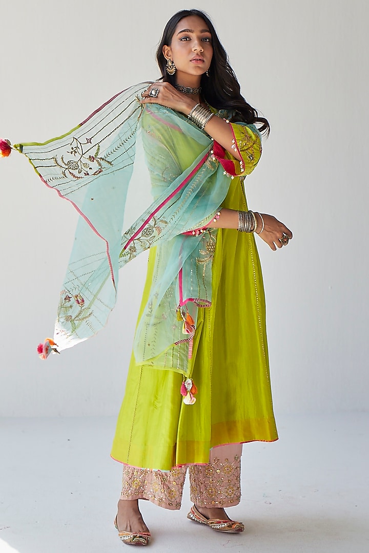 Bright Green Silk Hand Embroidered Kurta Set by Raji ramniq