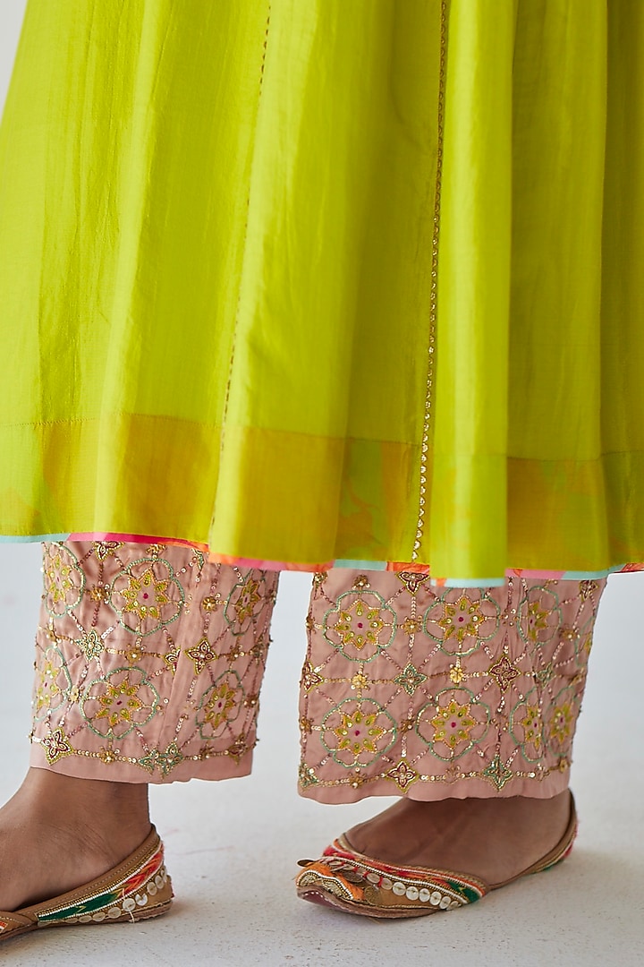 Bright Green Silk Hand Embroidered Kurta Set by Raji ramniq at Pernia's Pop Up Shop