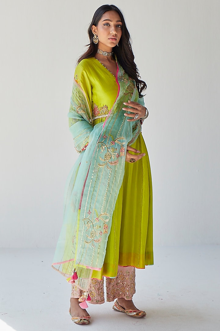 Bright Green Silk Hand Embroidered Kurta Set by Raji ramniq at Pernia's Pop Up Shop