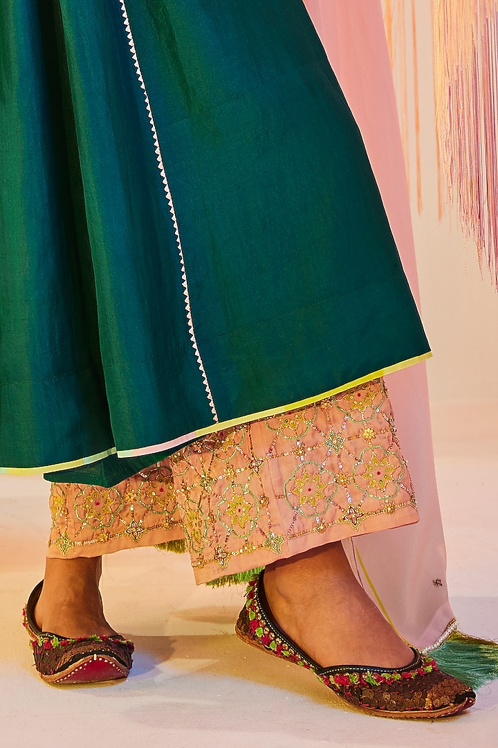Teal Green Silk Hand Embroidered Kurta Set by Raji ramniq at Pernia's Pop Up Shop
