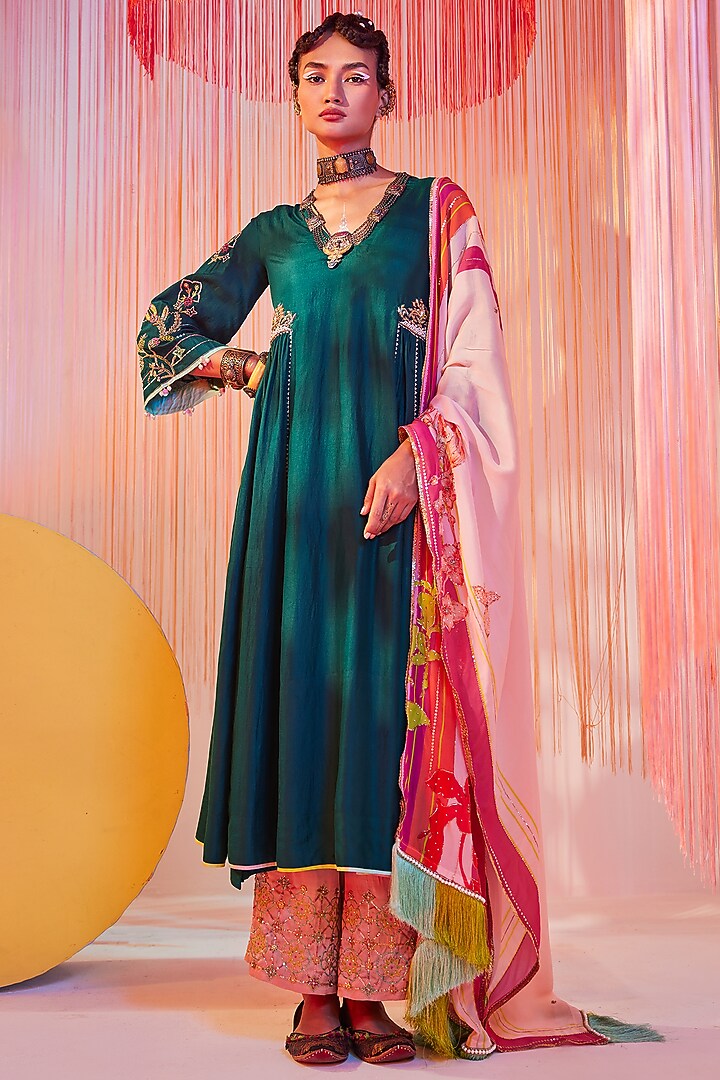 Teal Green Silk Hand Embroidered Kurta Set by Raji ramniq at Pernia's Pop Up Shop