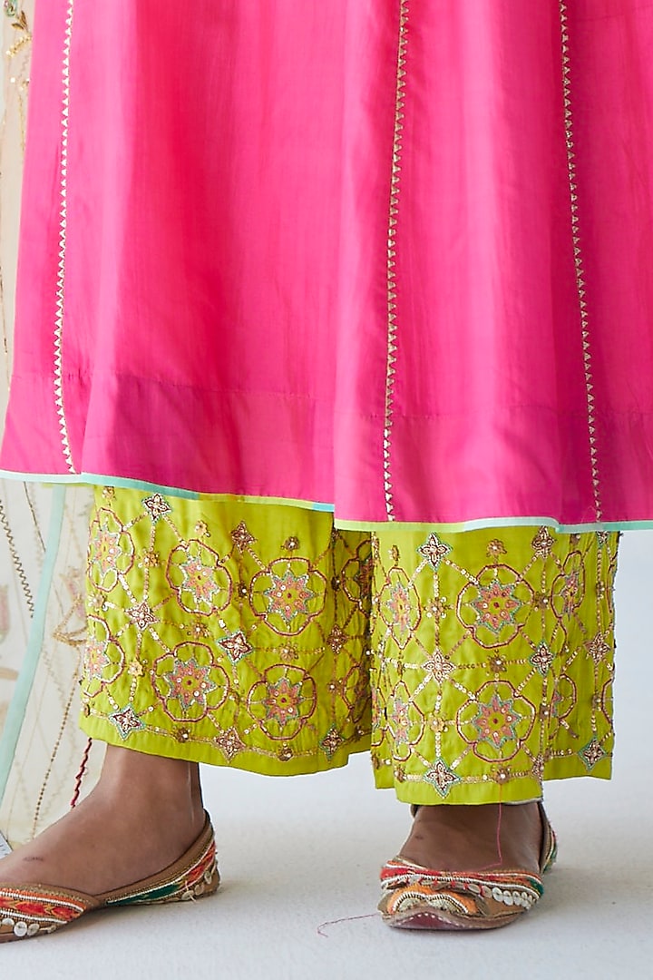 Hot Pink Silk Hand Embroidered Kurta Set by Raji ramniq at Pernia's Pop Up Shop