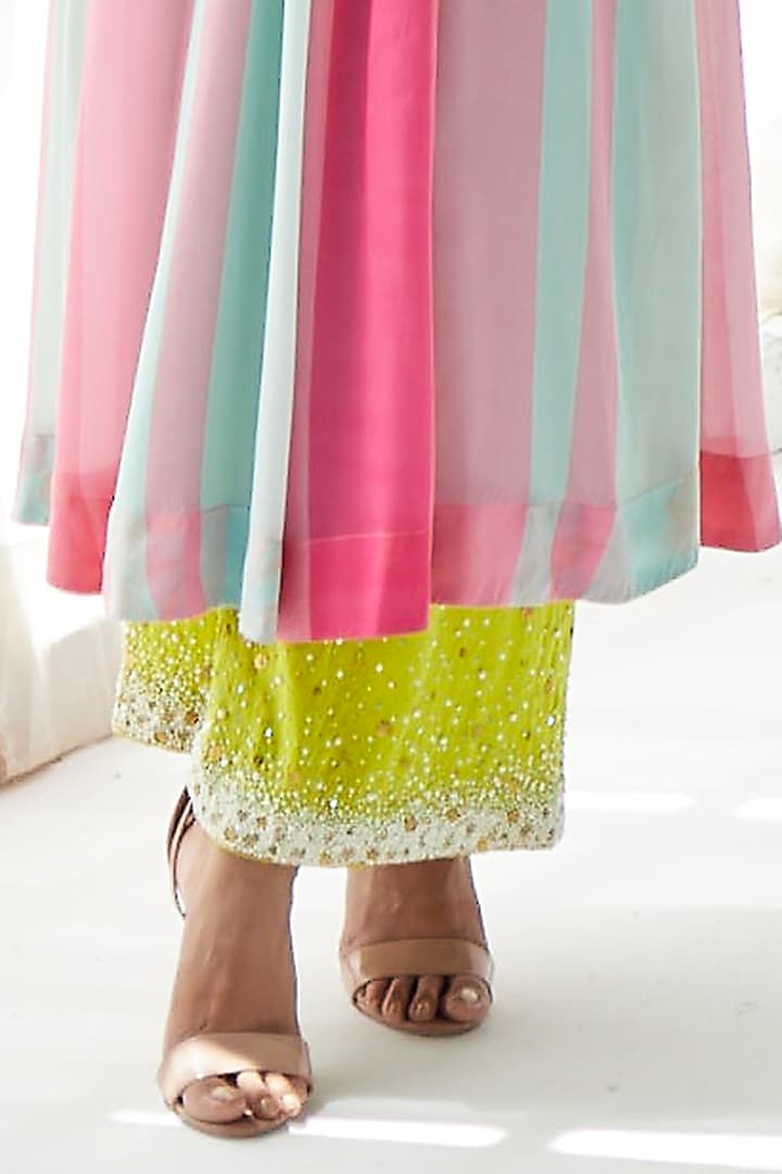 Bright Pink & Powder Blue Crepe Printed & Hand Embroidered Kurta Set by Raji ramniq at Pernia's Pop Up Shop