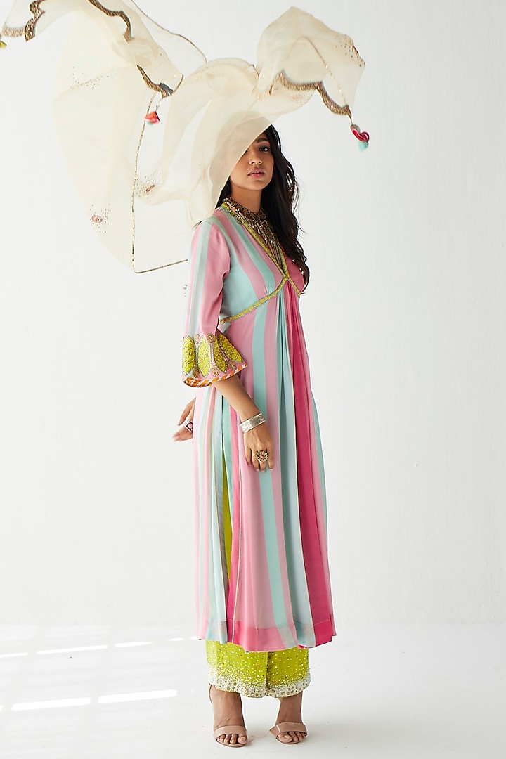 Bright Pink & Powder Blue Crepe Printed & Hand Embroidered Kurta Set by Raji ramniq at Pernia's Pop Up Shop