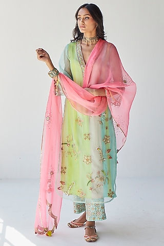 Powder Blue Organza Hand Embroidered Kurta Set by Raji ramniq