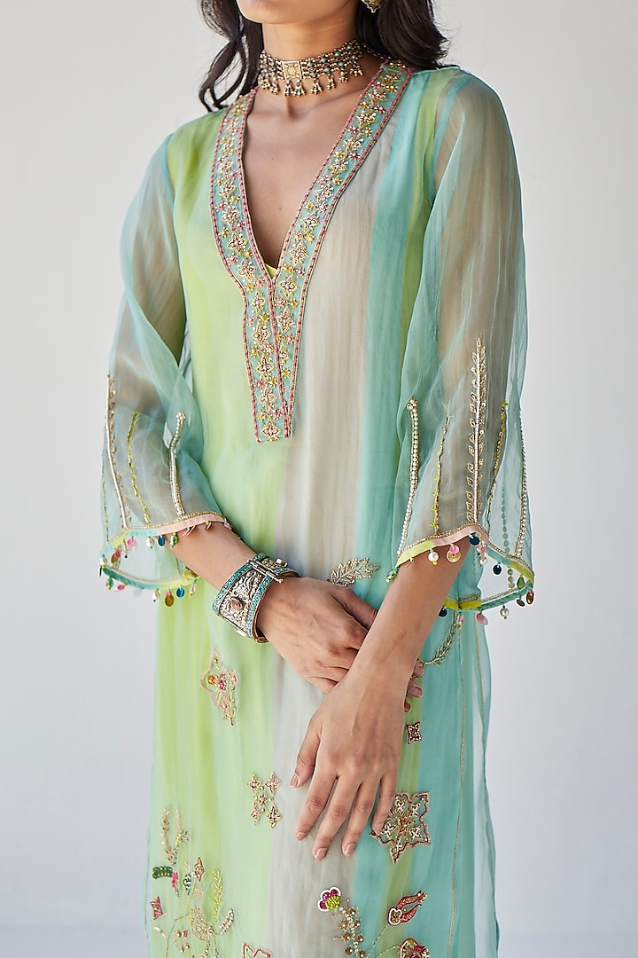 Powder Blue Organza Hand Embroidered Kurta Set by Raji ramniq at Pernia's Pop Up Shop