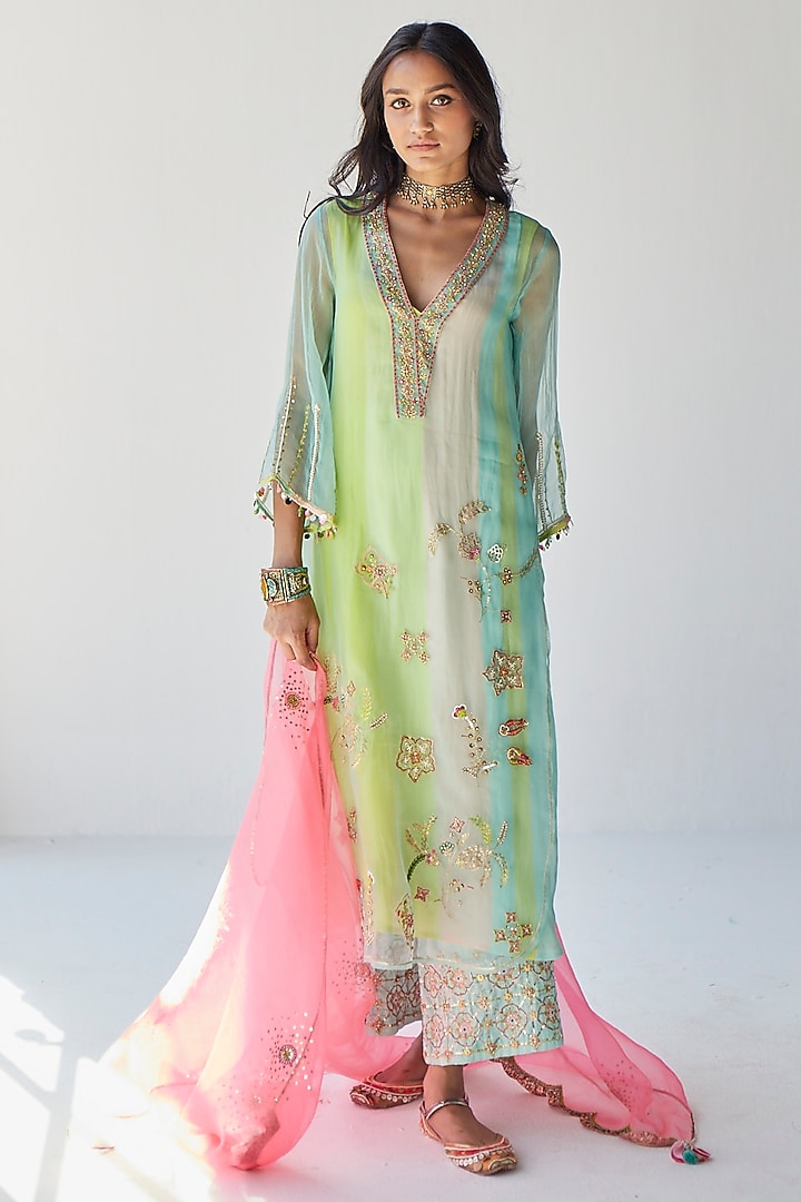 Powder Blue Organza Hand Embroidered Kurta Set by Raji ramniq at Pernia's Pop Up Shop