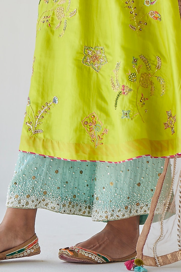 Lime Green Silk Hand Embroidered Kurta Set by Raji ramniq at Pernia's Pop Up Shop
