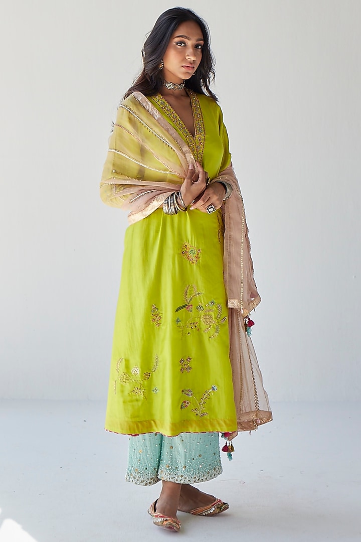 Lime Green Silk Hand Embroidered Kurta Set by Raji ramniq at Pernia's Pop Up Shop