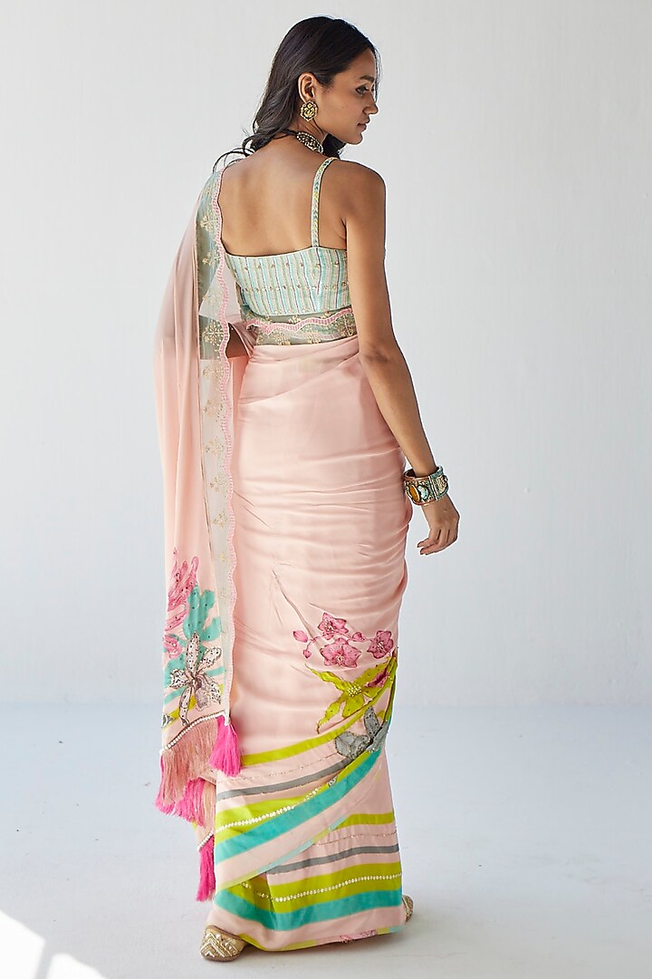 Nude Pink Crepe Printed & Hand Embroidered Wedding Saree Set by Raji ramniq at Pernia's Pop Up Shop