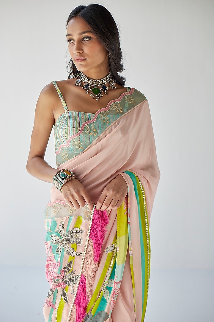 Nude Pink Crepe Printed & Hand Embroidered Wedding Saree Set by Raji ramniq at Pernia's Pop Up Shop