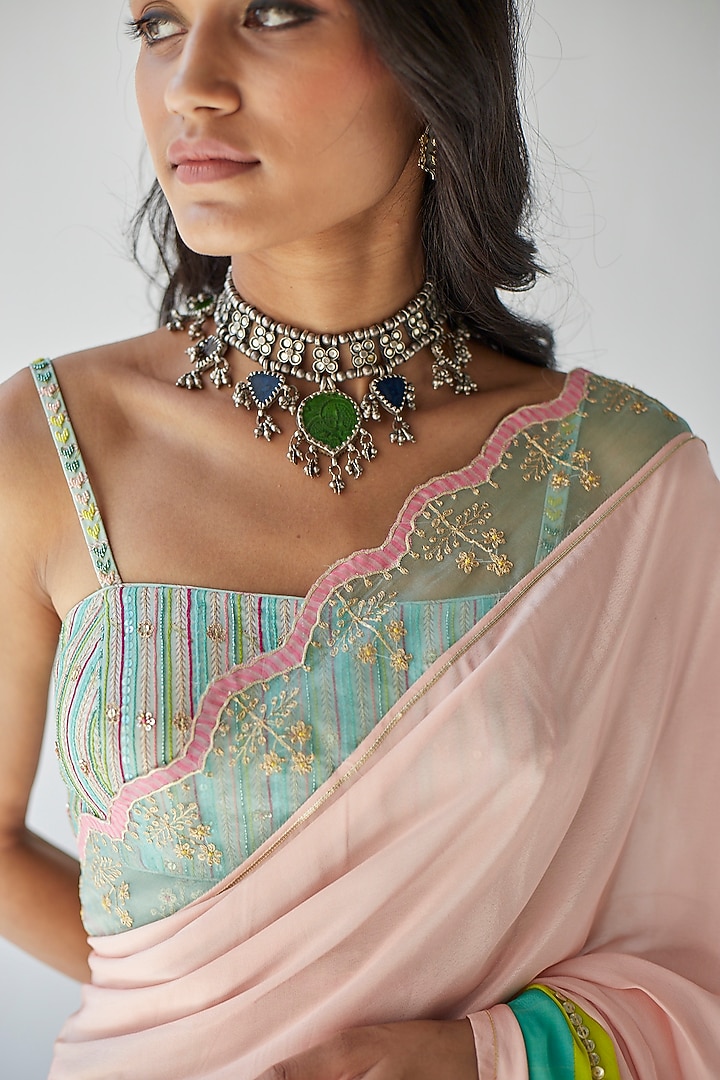 Nude Pink Crepe Printed & Hand Embroidered Wedding Saree Set by Raji ramniq at Pernia's Pop Up Shop