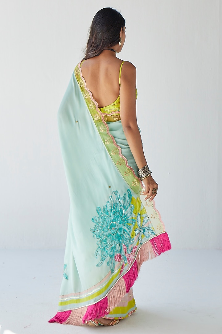 Powder Blue Crepe Printed & Hand Embroidered Wedding Saree Set by Raji ramniq at Pernia's Pop Up Shop