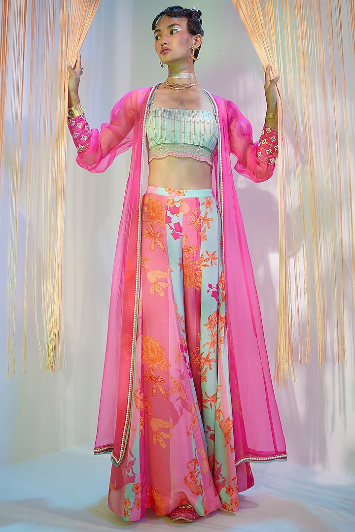 Hot Pink Silk Organza Hand Embroidered Jacket Set by Raji ramniq at Pernia's Pop Up Shop