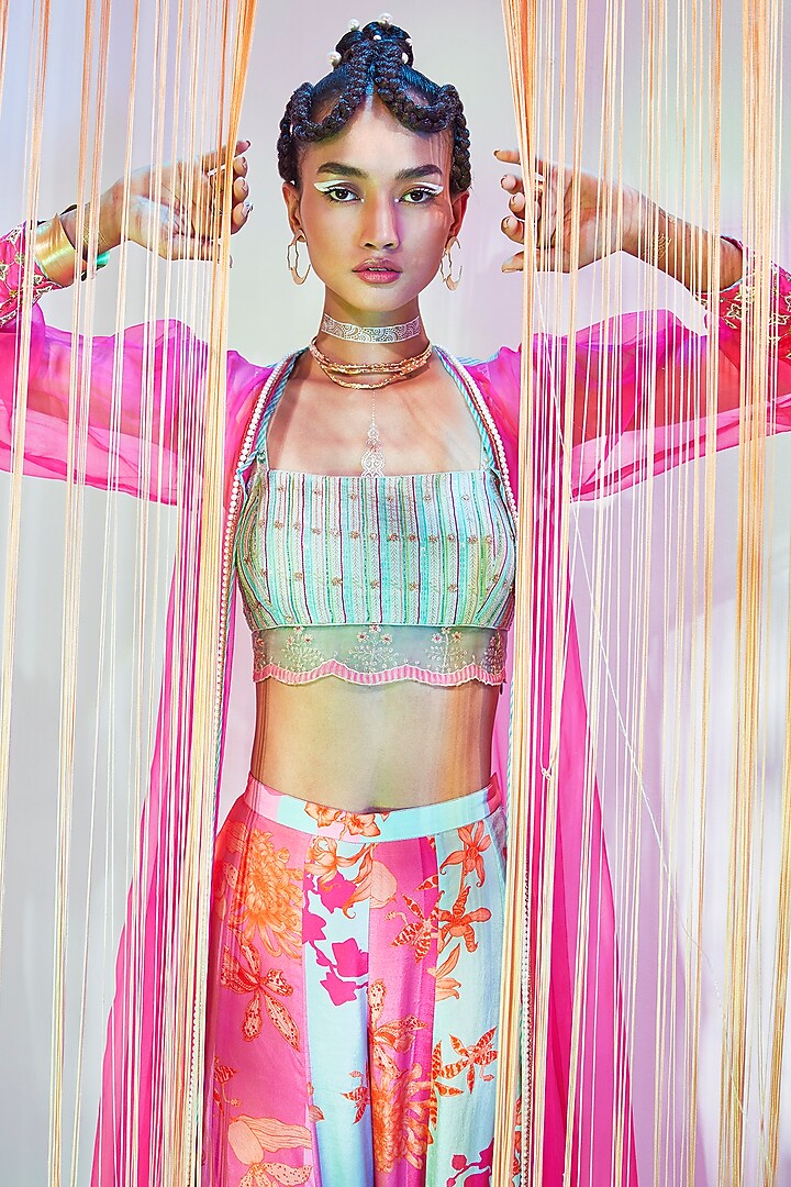 Hot Pink Silk Organza Hand Embroidered Jacket Set by Raji ramniq at Pernia's Pop Up Shop