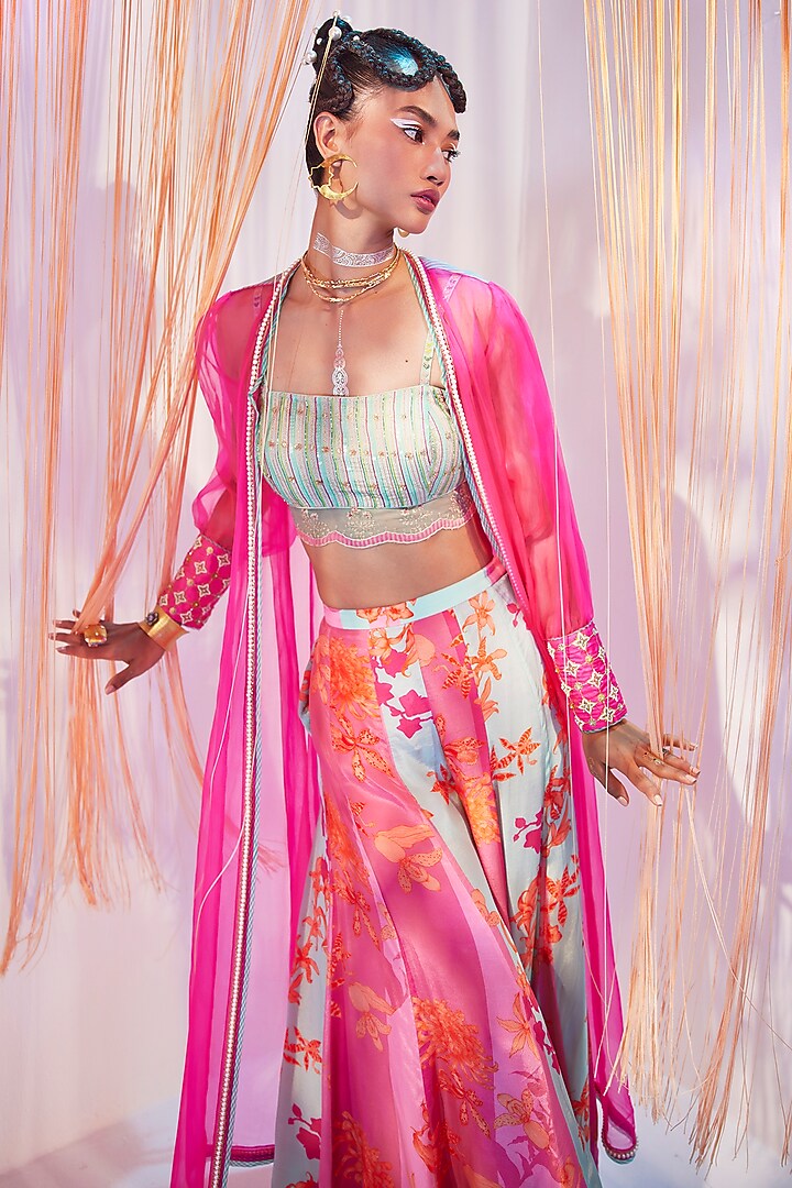 Hot Pink Silk Organza Hand Embroidered Jacket Set by Raji ramniq at Pernia's Pop Up Shop