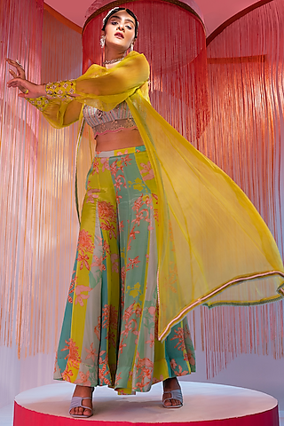 Lime Green Silk Organza Hand Embroidered Jacket Set by Raji ramniq