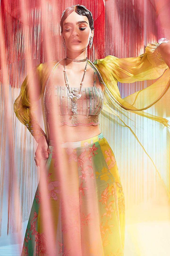 Lime Green Silk Organza Hand Embroidered Jacket Set by Raji ramniq at Pernia's Pop Up Shop