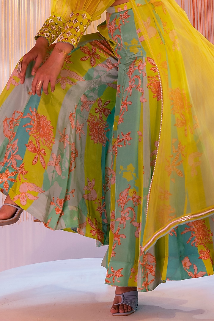 Lime Green Silk Organza Hand Embroidered Jacket Set by Raji ramniq at Pernia's Pop Up Shop