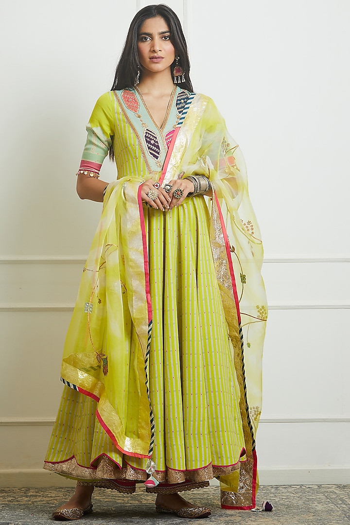 Bright Lime Organza Printed & Hand Embroidered Anarkali Set by Raji ramniq