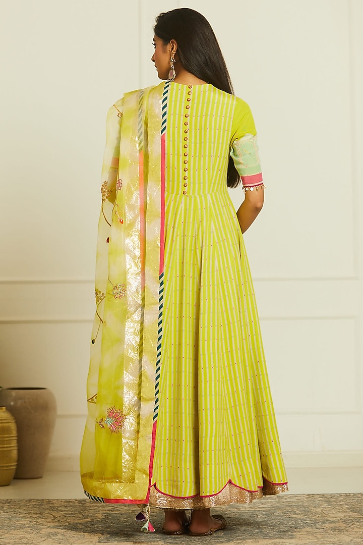 Bright Lime Organza Printed & Hand Embroidered Wedding Anarkali Set by Raji ramniq at Pernia's Pop Up Shop