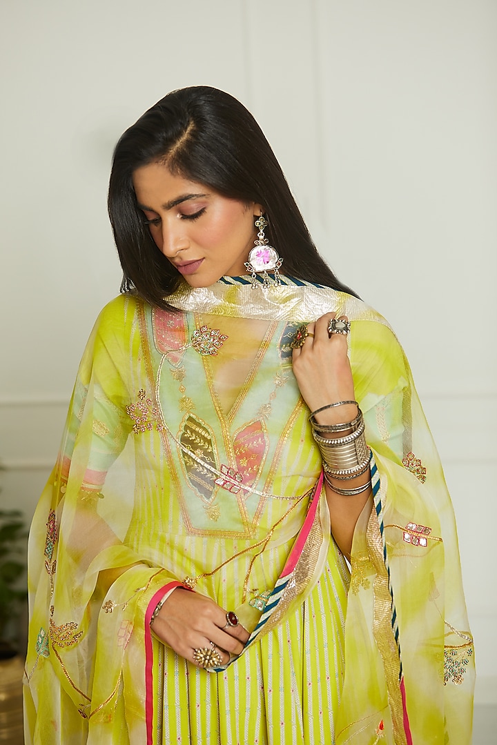 Bright Lime Organza Printed & Hand Embroidered Wedding Anarkali Set by Raji ramniq at Pernia's Pop Up Shop