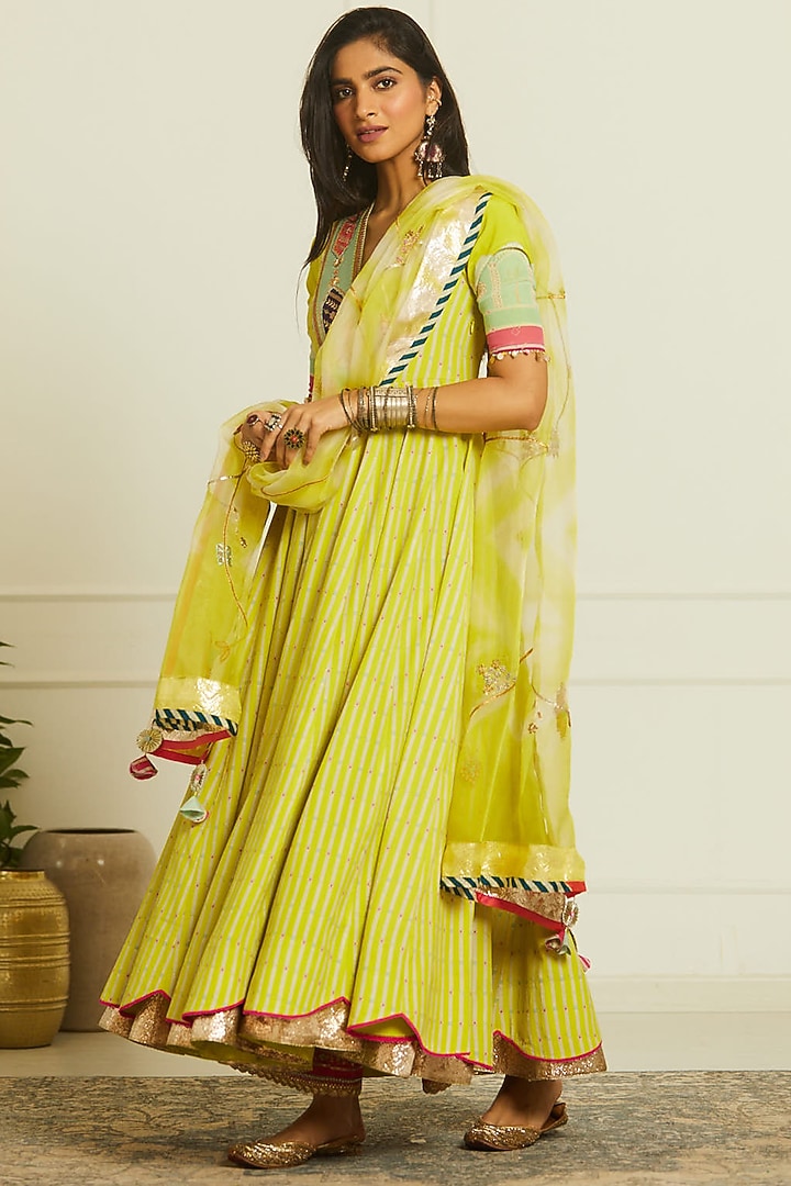 Bright Lime Organza Printed & Hand Embroidered Wedding Anarkali Set by Raji ramniq at Pernia's Pop Up Shop