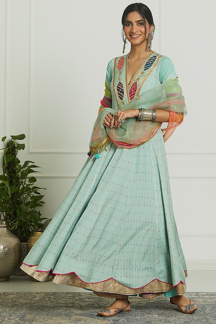 Dreamy Blue Crepe Printed & Hand Embroidered Anarkali Set by Raji ramniq