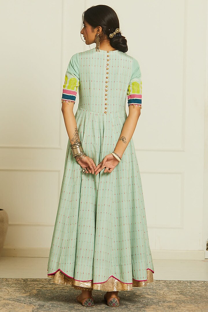 Dreamy Blue Crepe Printed & Hand Embroidered Wedding Anarkali Set by Raji ramniq at Pernia's Pop Up Shop